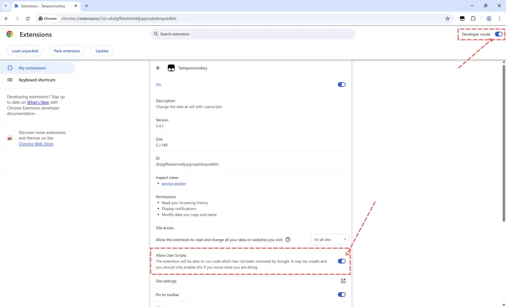 Chrome extensions page with Tampermonkey settings open, highlighting the Developer mode toggle and the Allow User Scripts option.