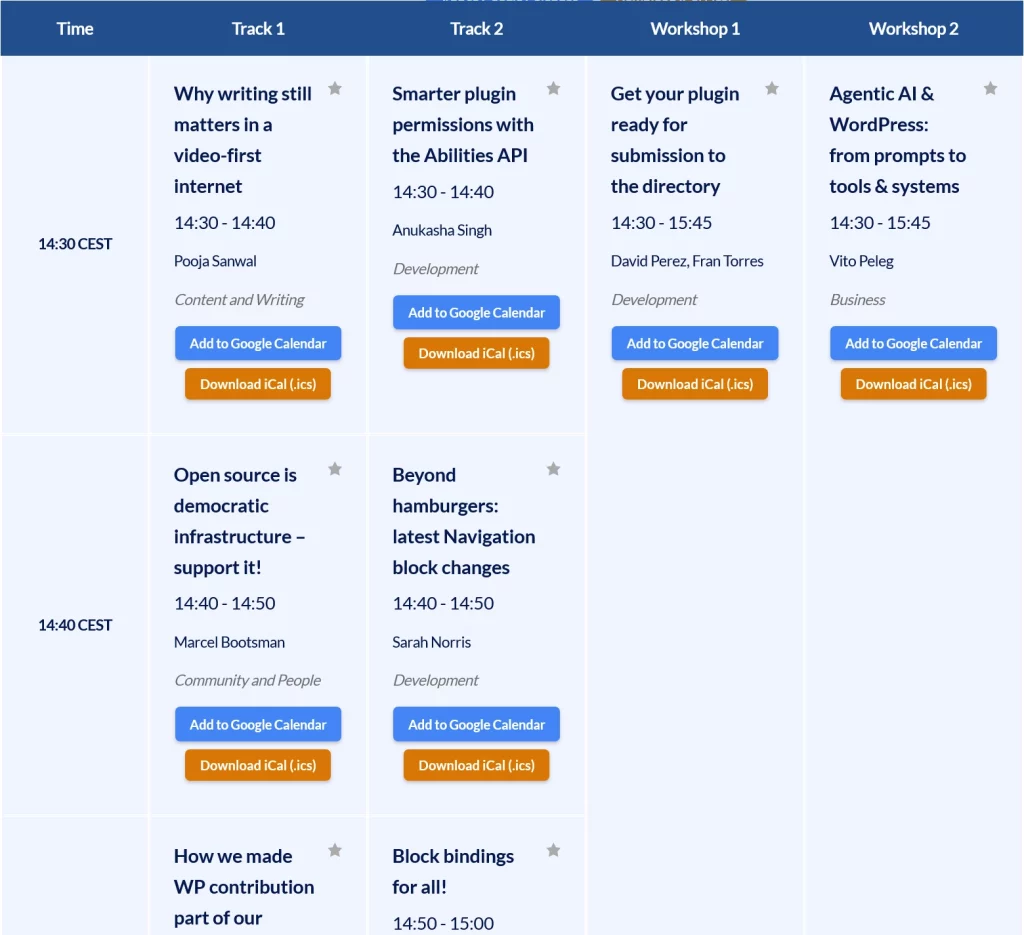 WordCamp Europe 2026 schedule page showing session cards with "Add to Google Calendar" and "Download iCal" buttons at the bottom of each session.
