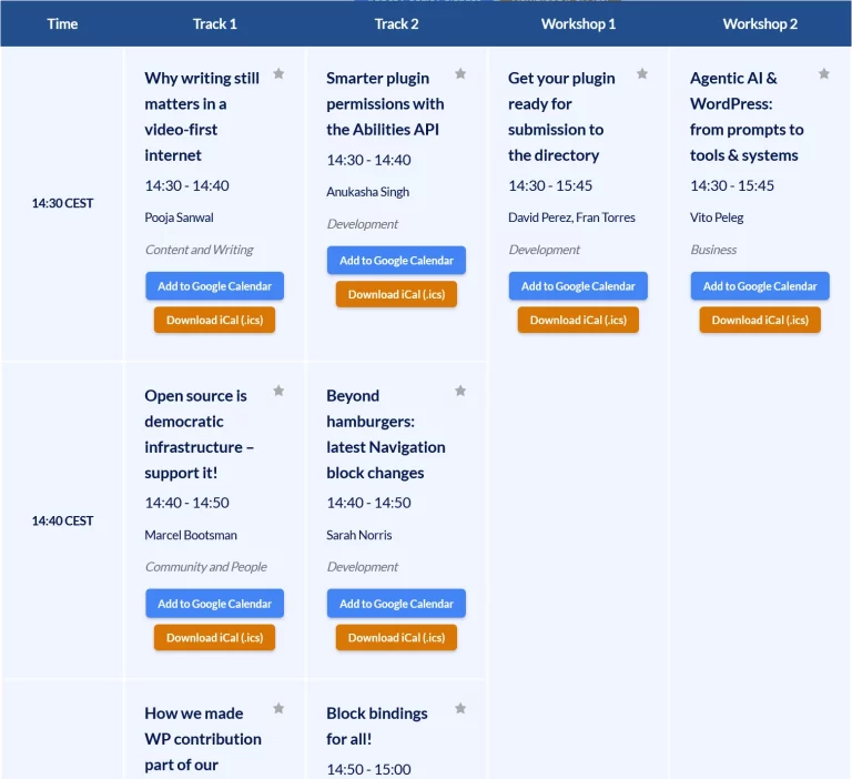 WordCamp Europe 2026 schedule page showing session cards with "Add to Google Calendar" and "Download iCal" buttons at the bottom of each session.