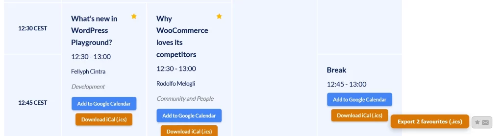 WordCamp Europe 2026 schedule with starred favourite sessions and a floating "Export 5 favourites (.ics)" button.