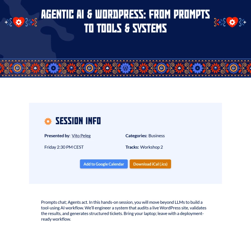 Individual session page showing the Session Info block with speaker, date, track details, and calendar export buttons at the bottom.